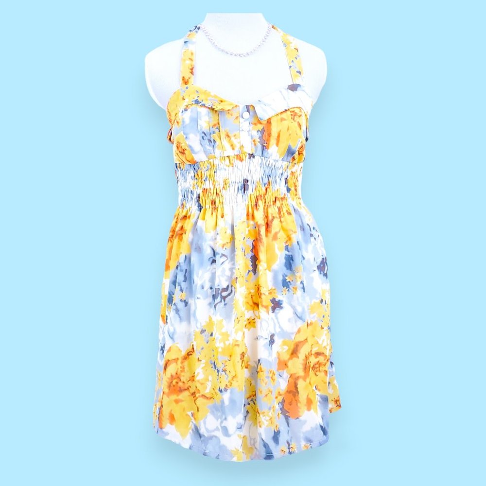 Flowy Floral Watercolor Chiffon Halter Dress with Buttons M